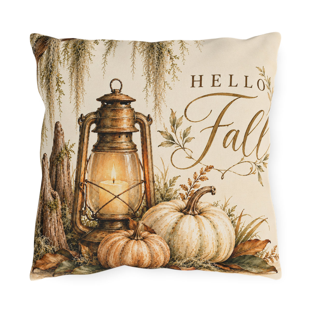 Hello Fall Outdoor Pillow – Rustic Autumn Lantern, Pumpkins & Harvest Decor