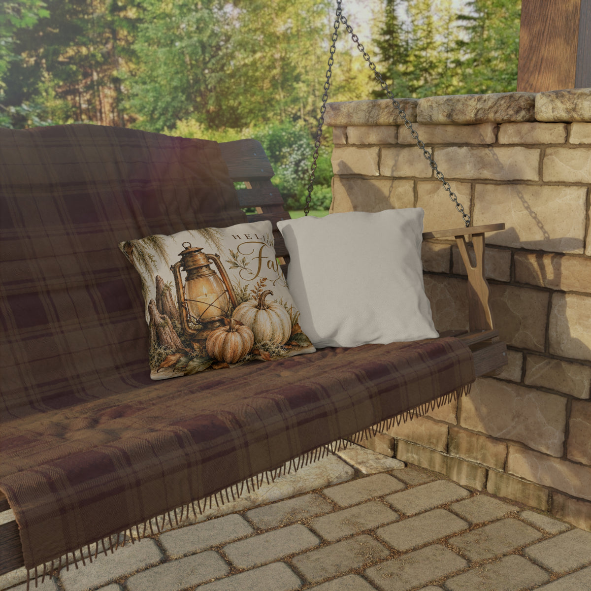 Hello Fall Outdoor Pillow – Rustic Autumn Lantern, Pumpkins & Harvest Decor