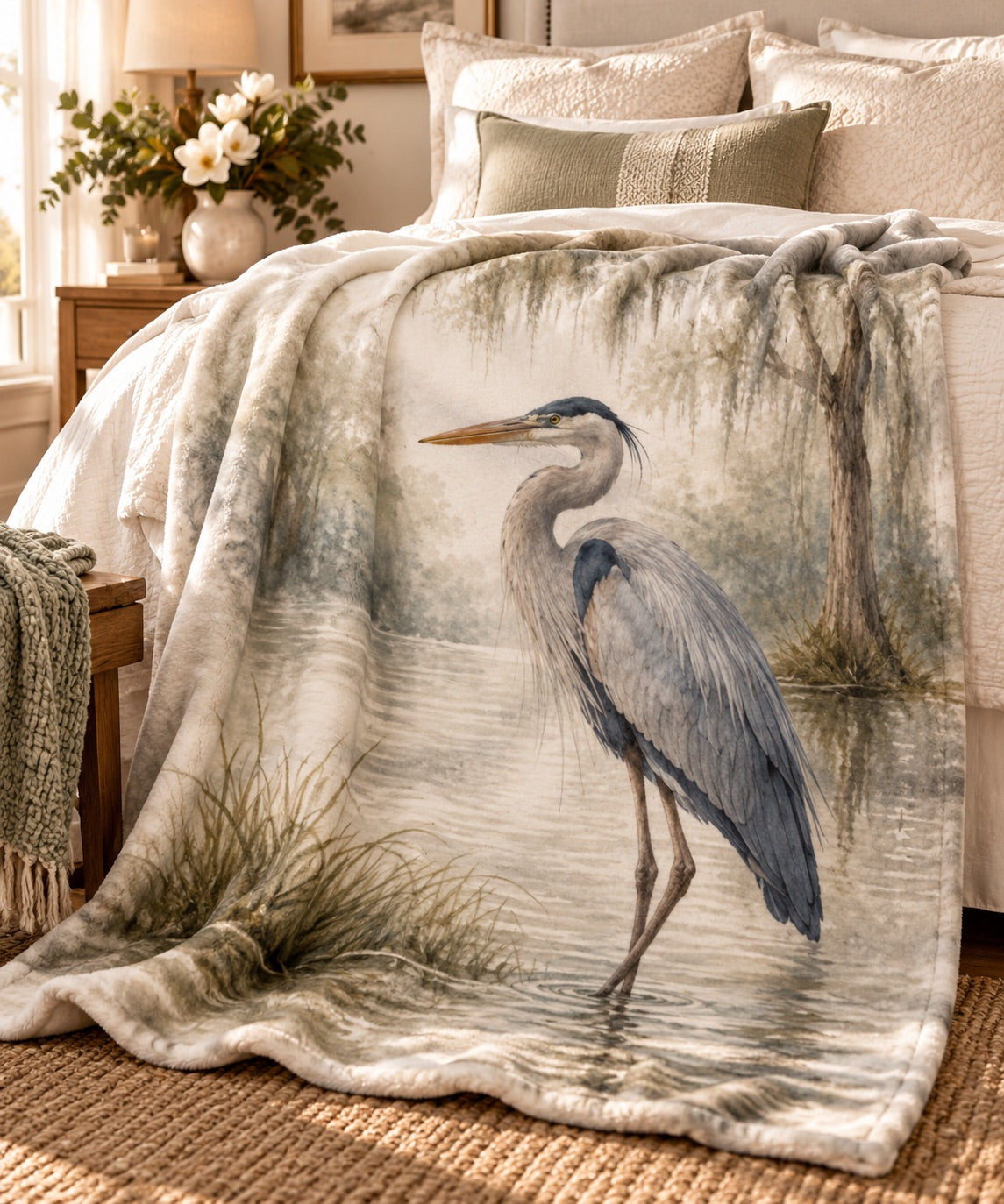 Heron Sherpa Blanket — Coastal Watercolor Fleece Throw