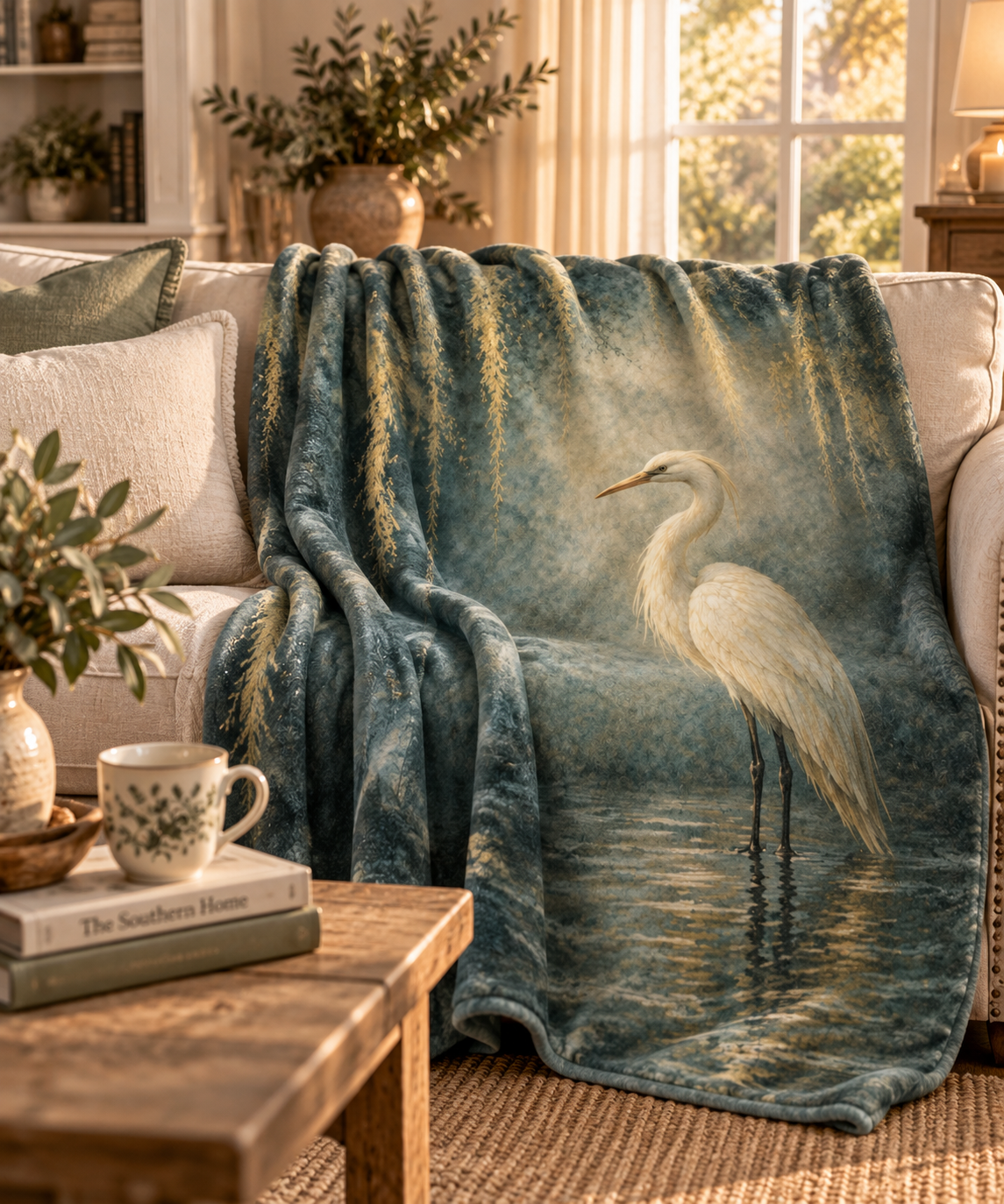 Egret Serenity Sherpa Blanket — Soft Fleece Bird Art Throw for Living Room & Gifts