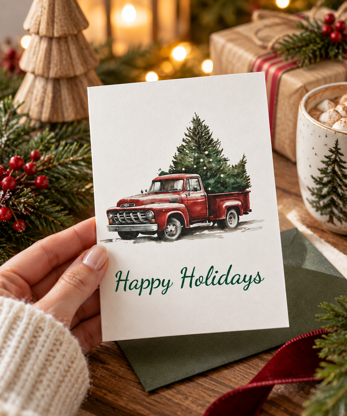 Greeting Cards: Red Vintage Truck with Christmas Tree, Happy Holidays, Holiday Cards, Christmas Cards, Bulk Cards, Festive Greetings