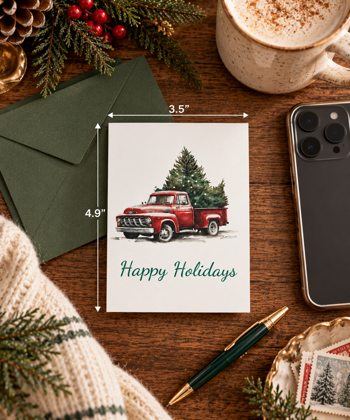 Greeting Cards: Red Vintage Truck with Christmas Tree, Happy Holidays, Holiday Cards, Christmas Cards, Bulk Cards, Festive Greetings
