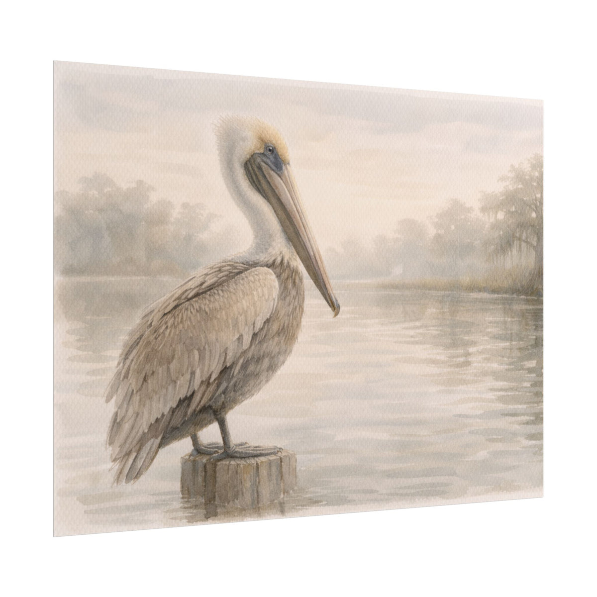 Pelican on Dock Watercolor Art Coastal Watercolor