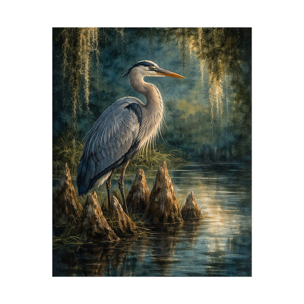Heron in Cypress Swamp Poster