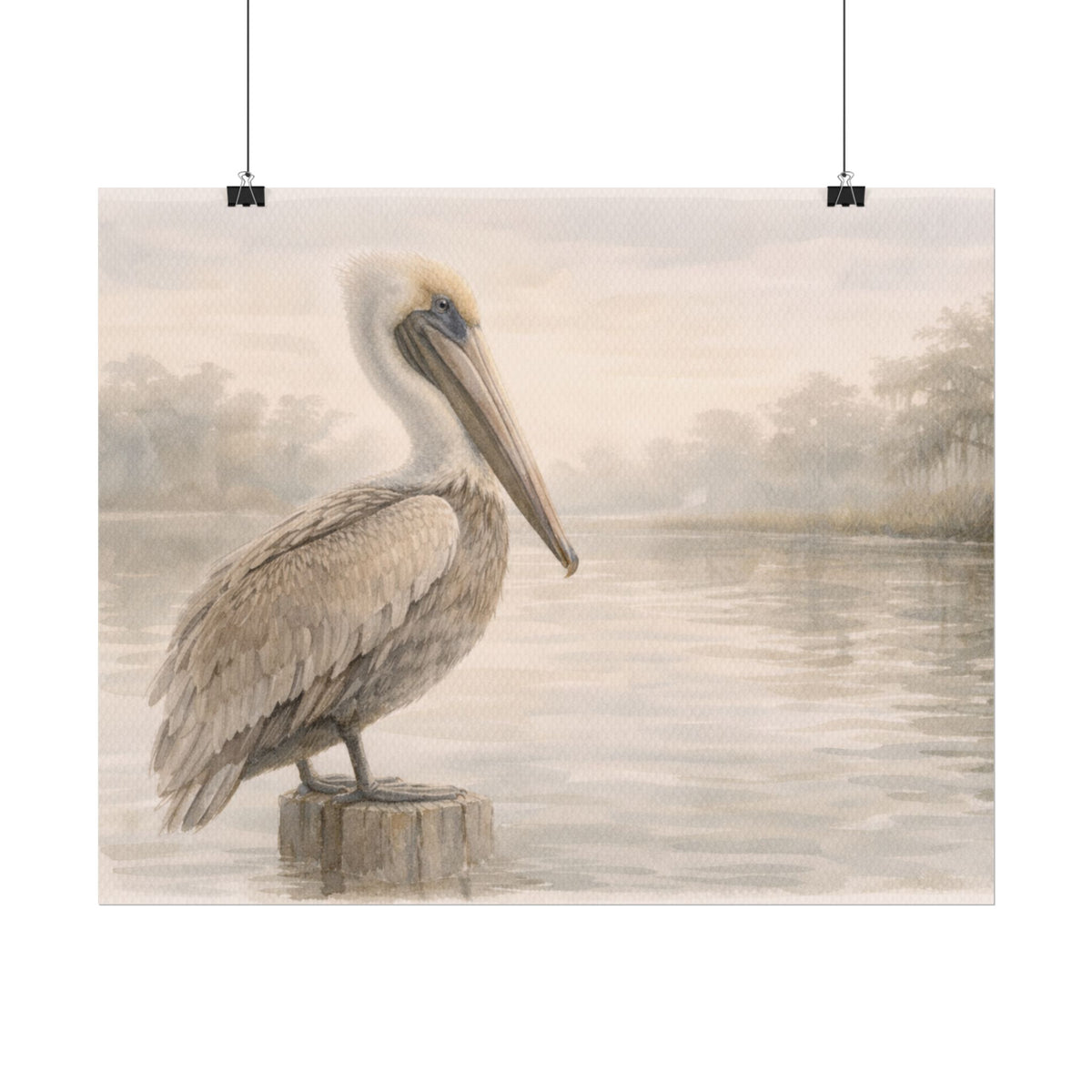 Pelican on Dock Watercolor Art Coastal Watercolor