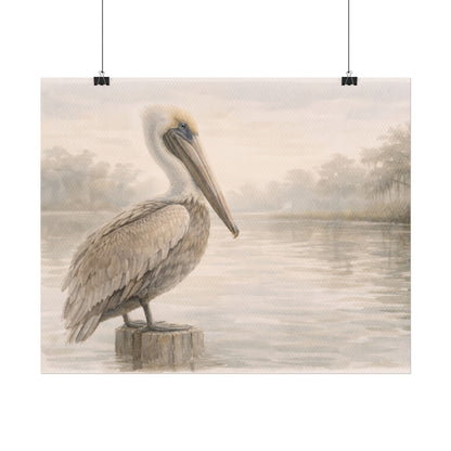 Pelican on Dock Watercolor Art Coastal Watercolor