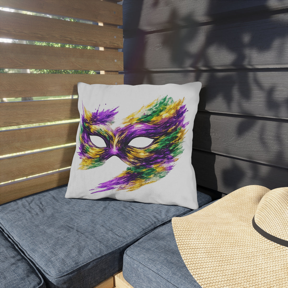 Mardi Gras Mask Outdoor Pillow - Purple Green Gold Decorative Pillow