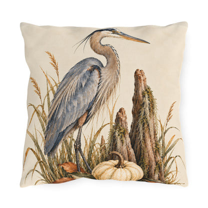 Heron &amp; Pumpkin Outdoor Pillow — Coastal Fall Accent Cushion