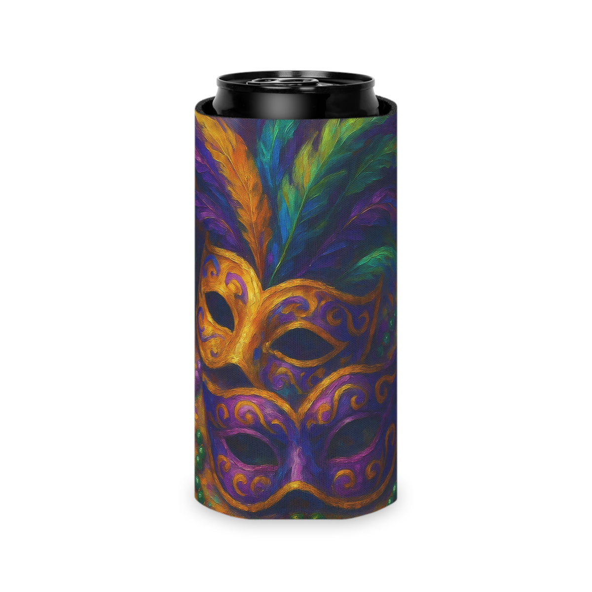 Mardi Gras Can Cooler, Colorful Mask Beverage Holder, Party Accessory, Festival Drink Sleeve, Fun Gift for Celebrations