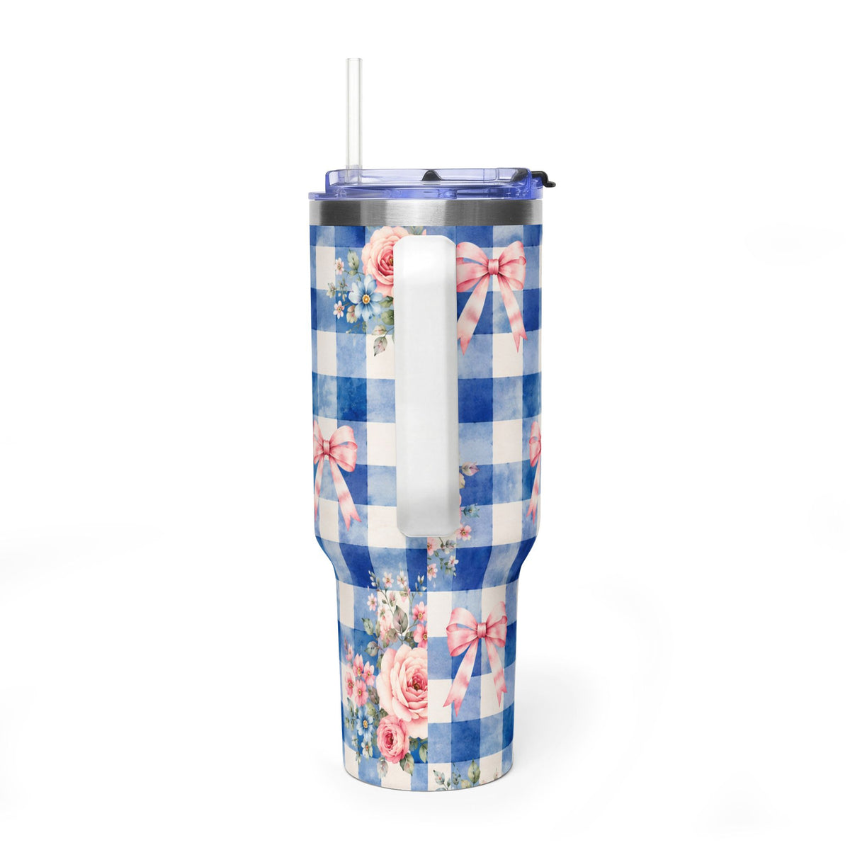 Blue Gingham Rose Tumbler – 40 oz Floral Travel Cup