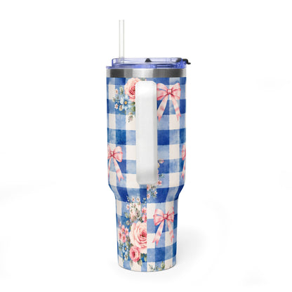 Blue Gingham Rose Tumbler – 40 oz Floral Travel Cup