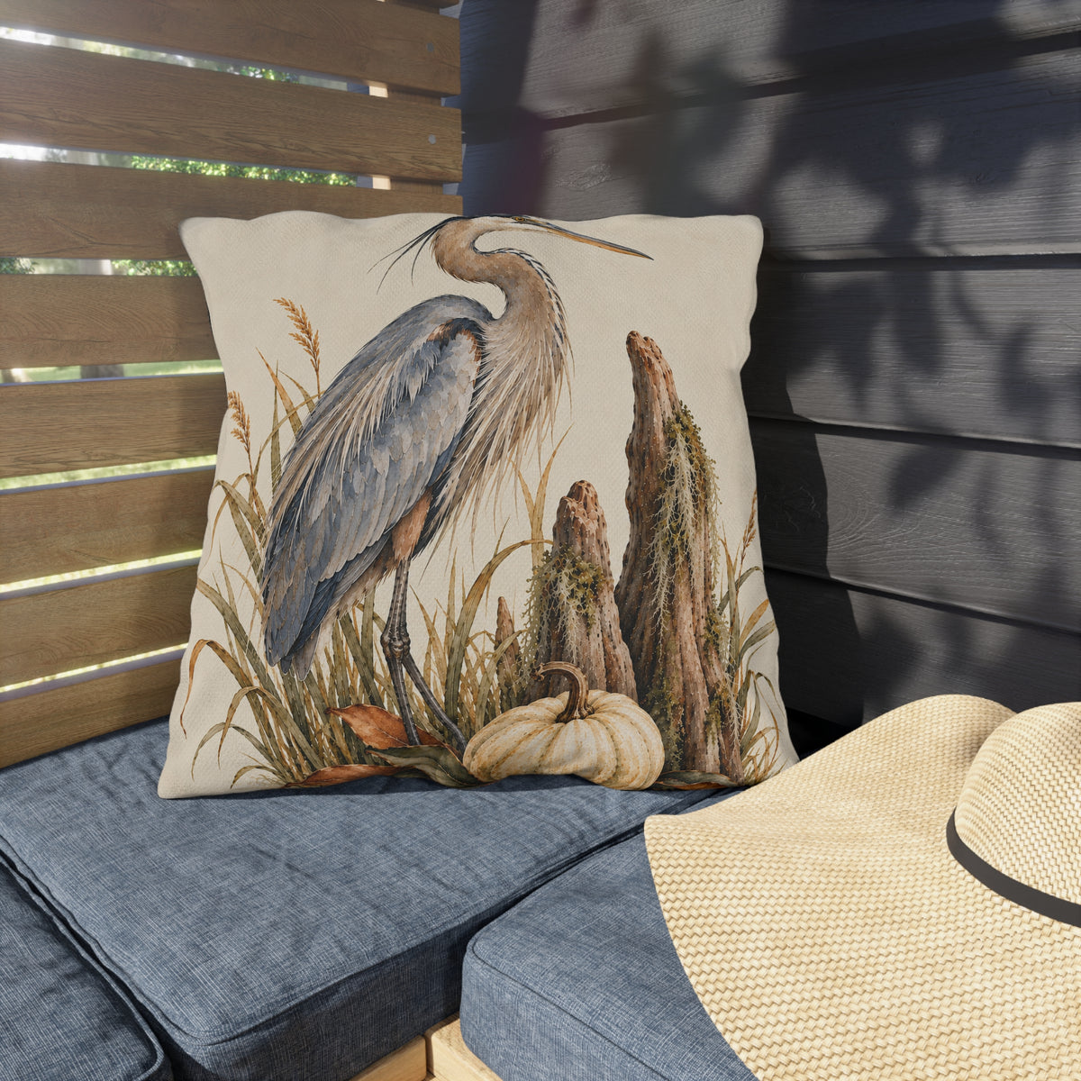 Heron &amp; Pumpkin Outdoor Pillow — Coastal Fall Accent Cushion