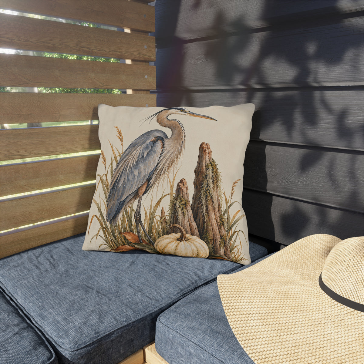 Heron &amp; Pumpkin Outdoor Pillow — Coastal Fall Accent Cushion