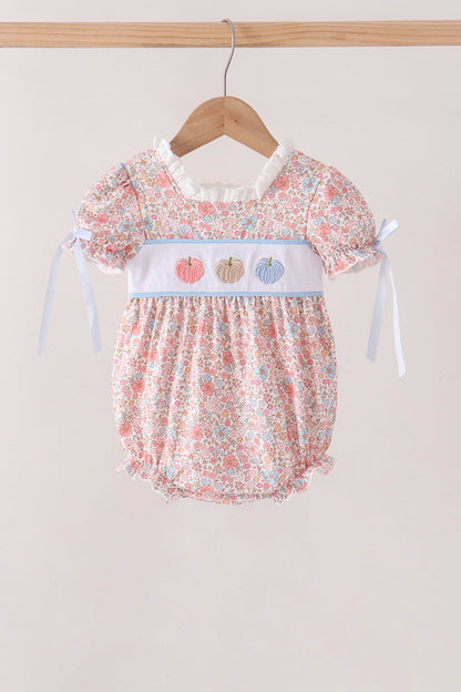 Baby Girl Pink Pumpkin Floral Embroidered Bubble Romper