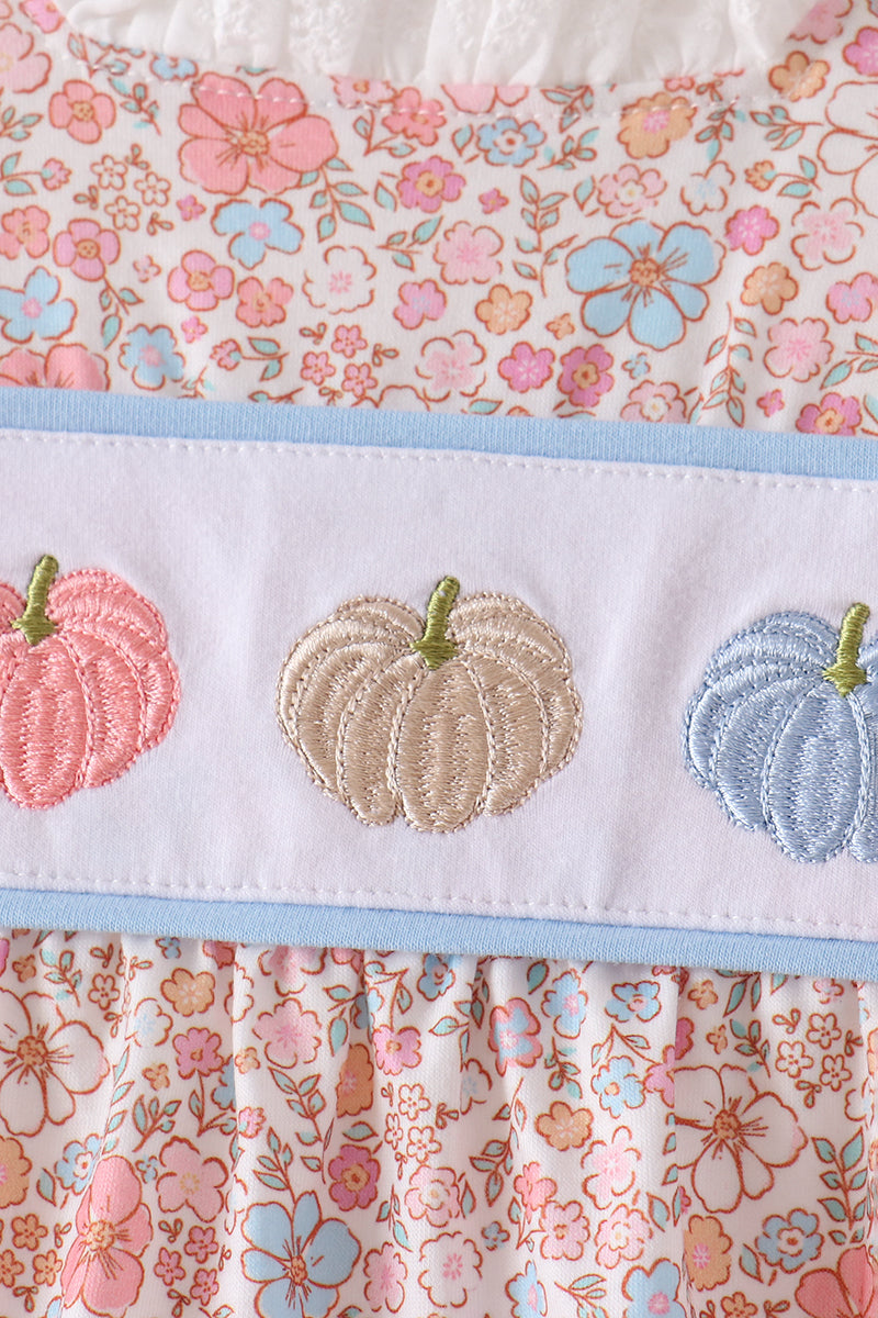 Baby Girl Pink Pumpkin Floral Embroidered Bubble Romper