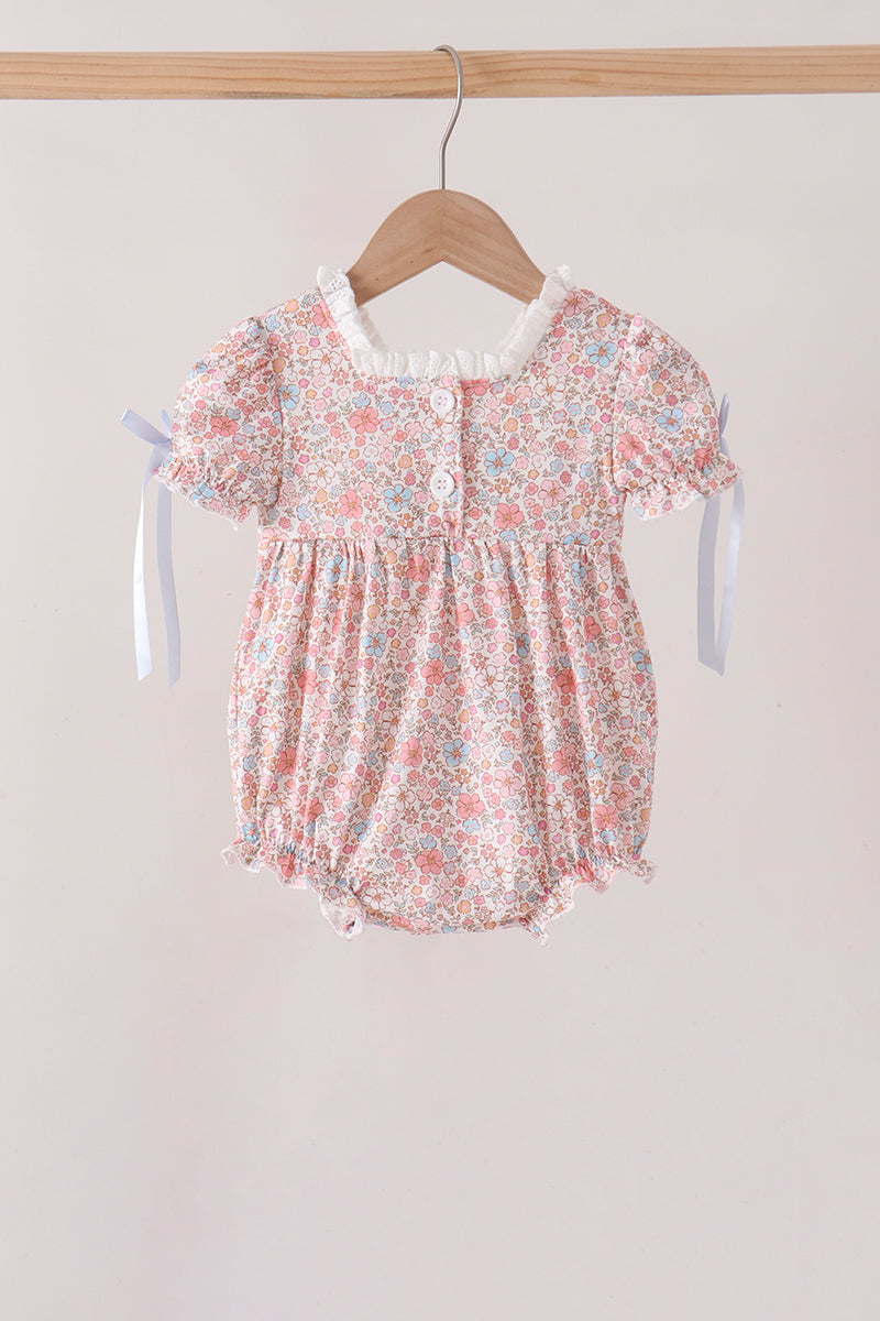 Baby Girl Pink Pumpkin Floral Embroidered Bubble Romper