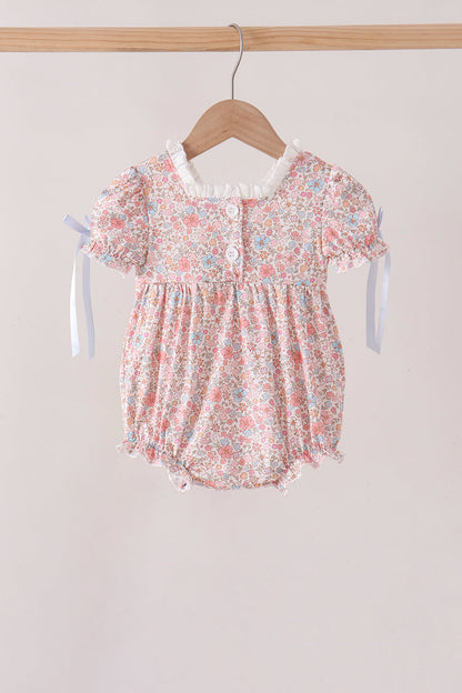 Baby Girl Pink Pumpkin Floral Embroidered Bubble Romper