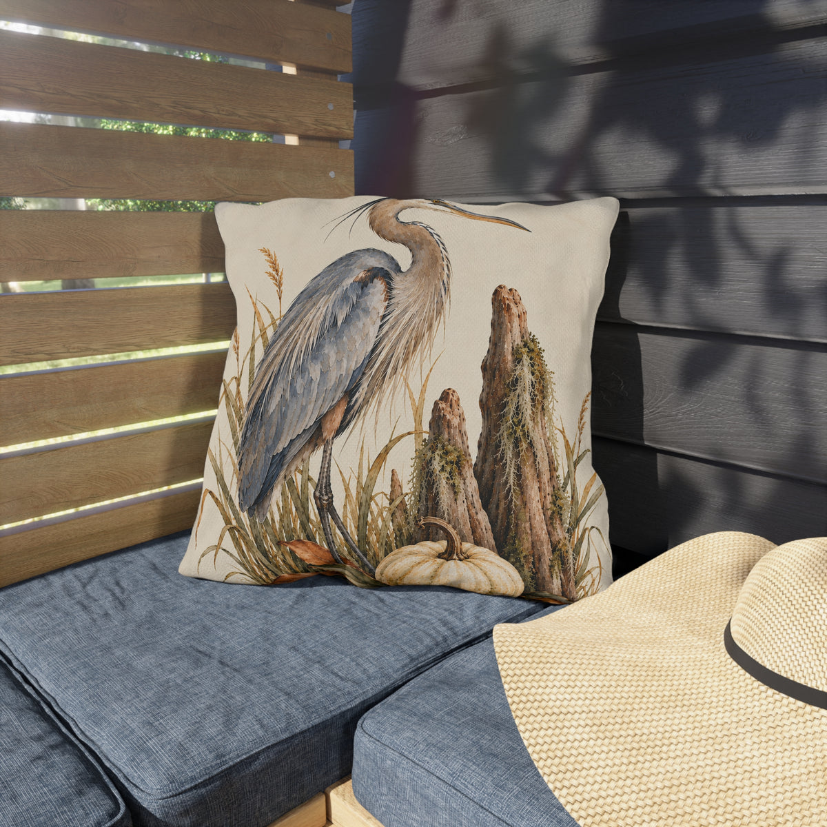 Heron &amp; Pumpkin Outdoor Pillow — Coastal Fall Accent Cushion