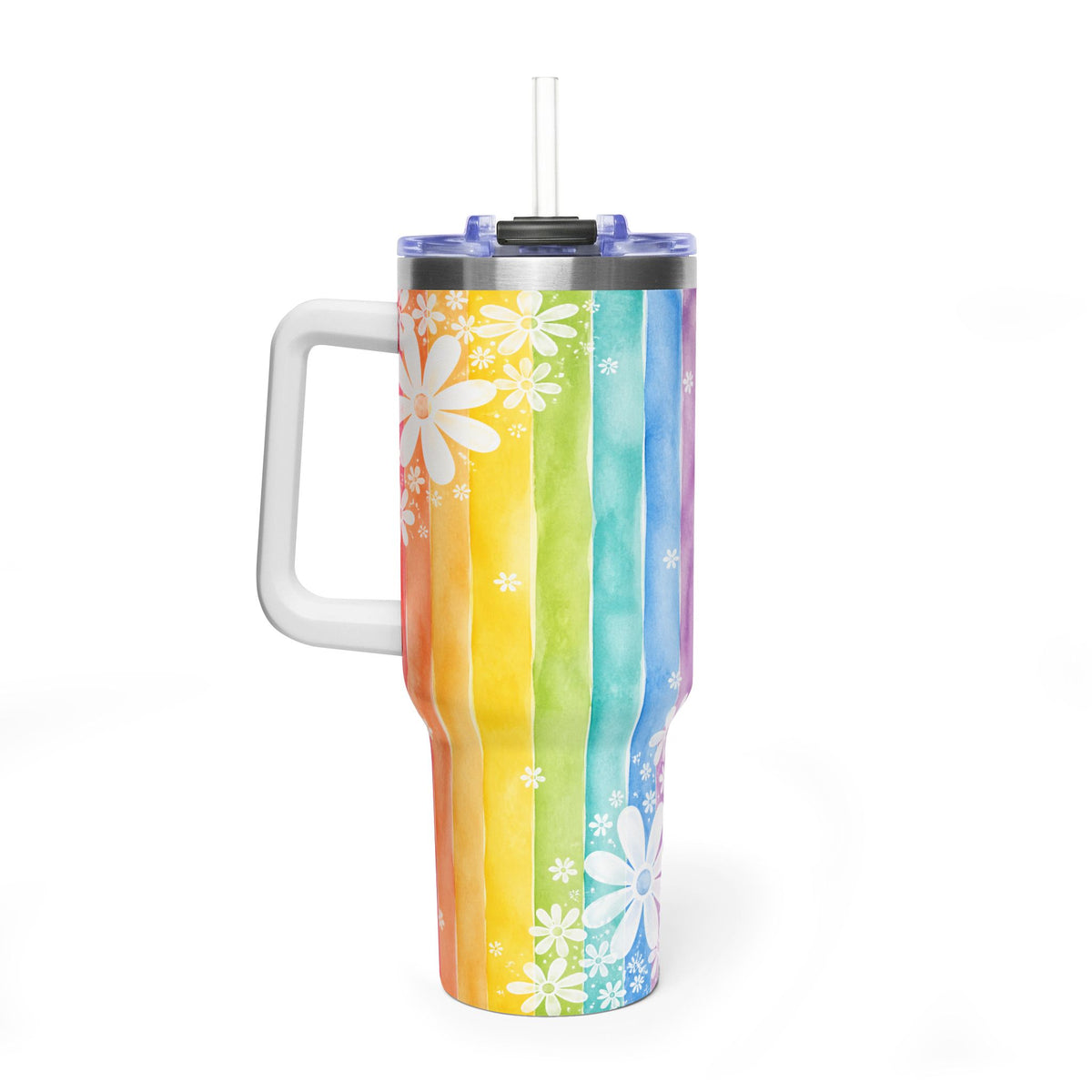 Rainbow Daisy Tumbler – 40 oz Watercolor Floral Travel Cup