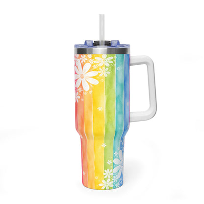 Rainbow Daisy Tumbler – 40 oz Watercolor Floral Travel Cup