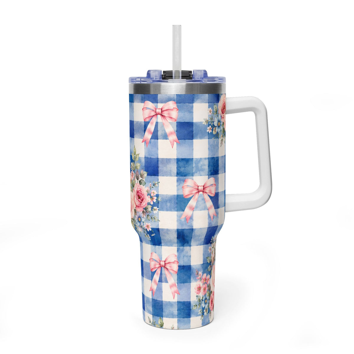 Blue Gingham Rose Tumbler – 40 oz Floral Travel Cup