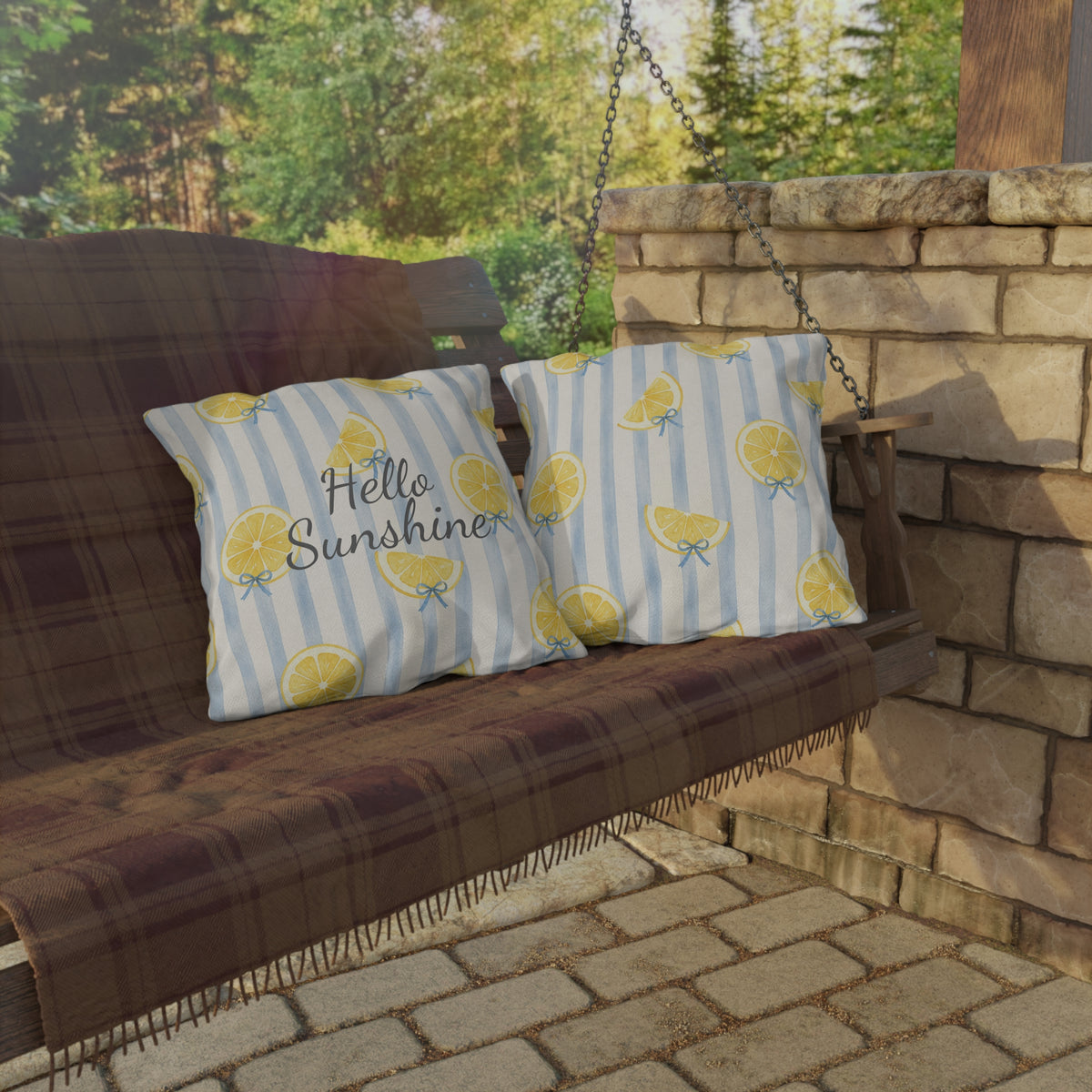 Hello Sunshine lemon pattern Outdoor Pillow | striped citrus throw cushion