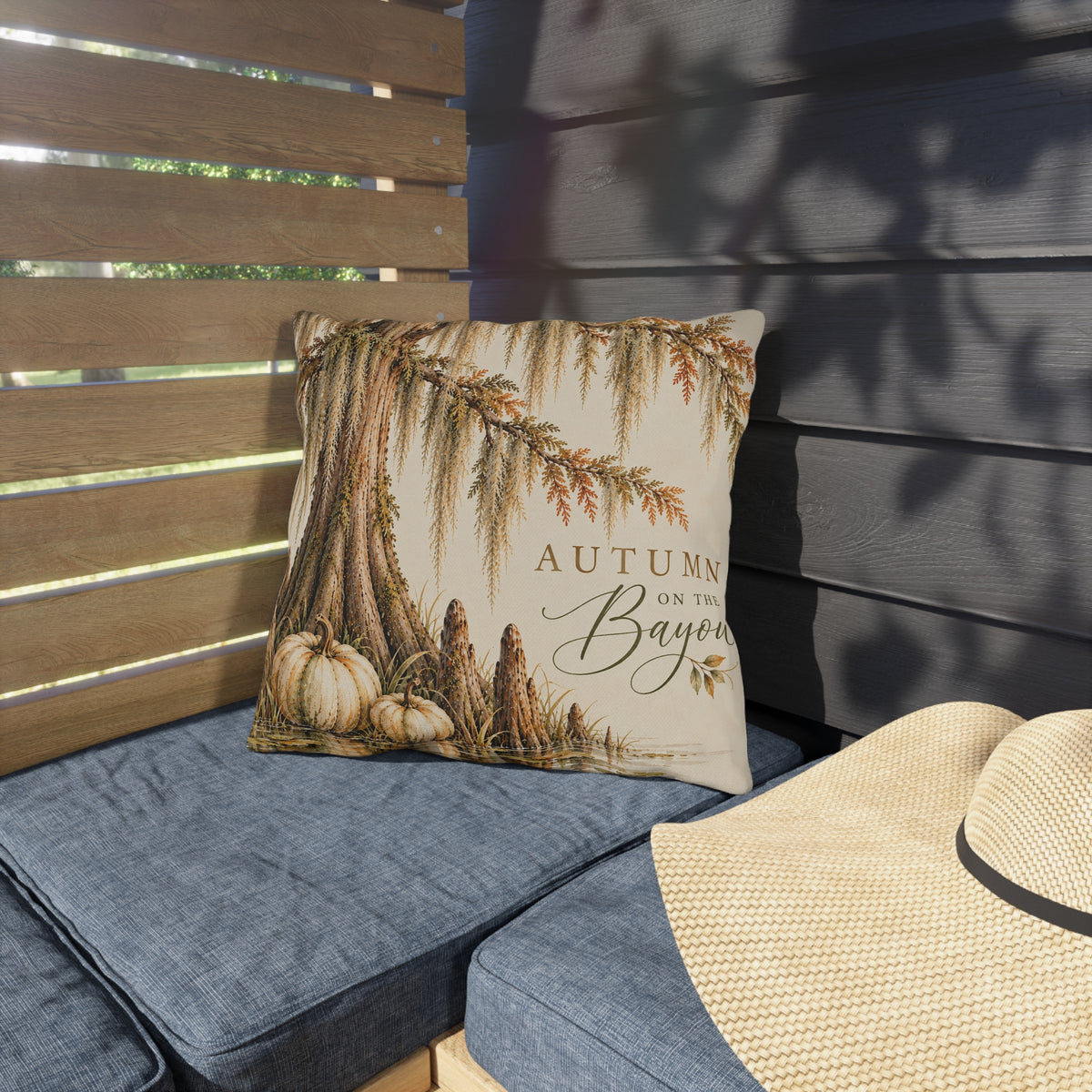 Autumn on the Bayou Outdoor Pillow — Fall Pumpkin &amp; Cypress Coastal Porch Decor