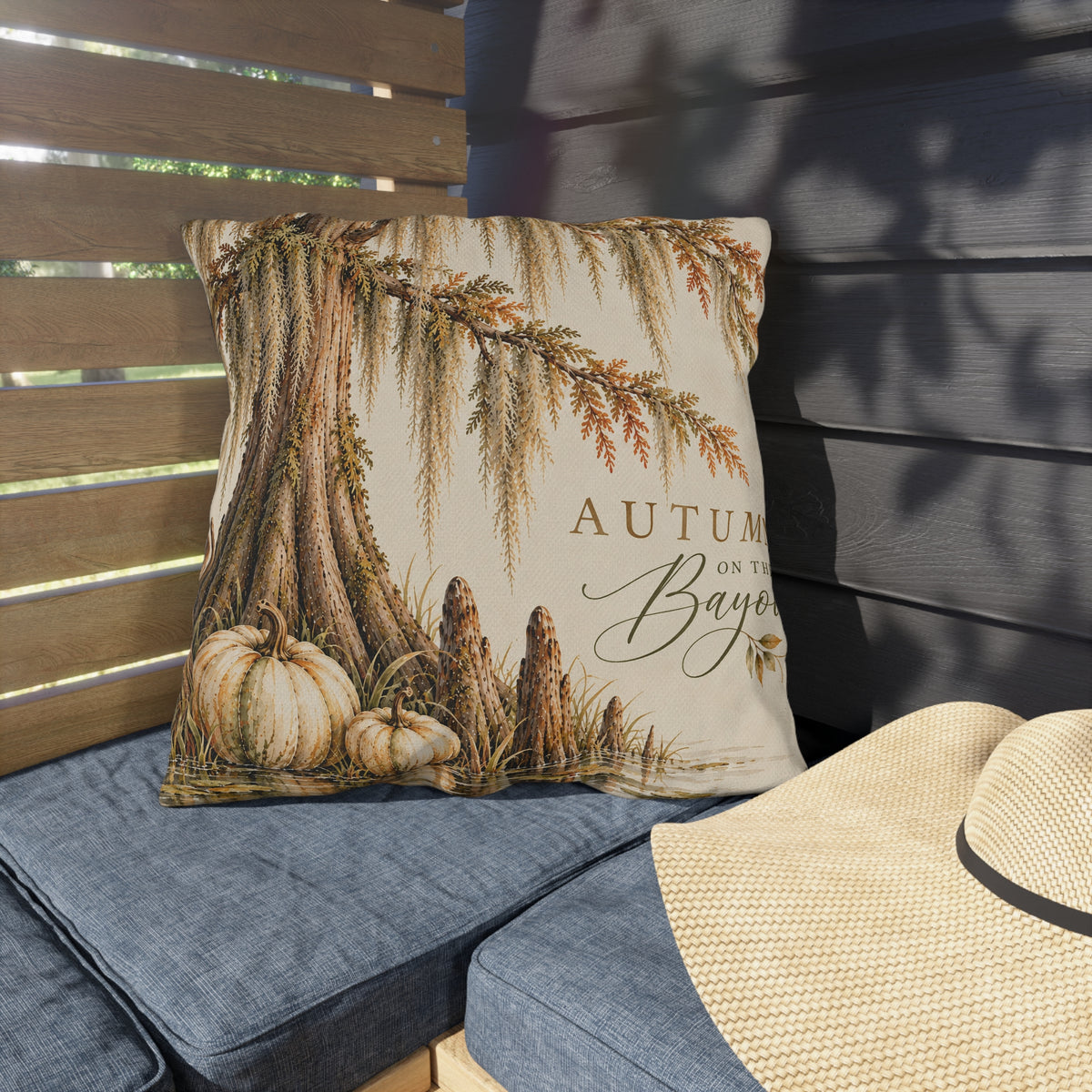 Autumn on the Bayou Outdoor Pillow — Fall Pumpkin &amp; Cypress Coastal Porch Decor