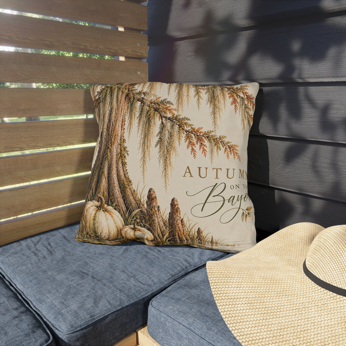 Autumn on the Bayou Outdoor Pillow — Fall Pumpkin &amp; Cypress Coastal Porch Decor