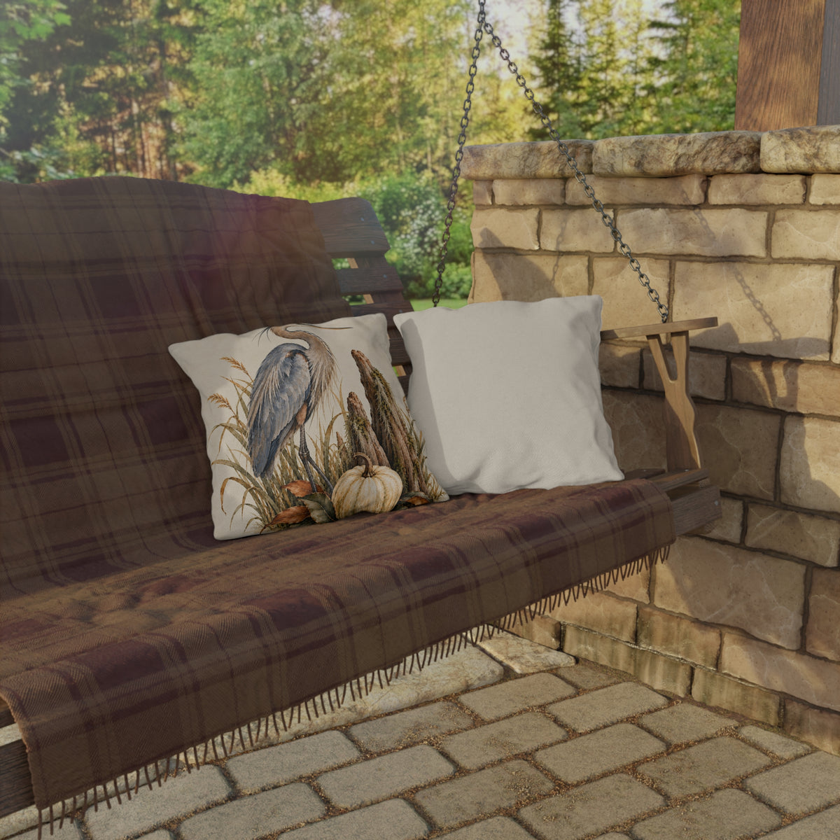 Heron &amp; Pumpkin Outdoor Pillow — Coastal Fall Accent Cushion