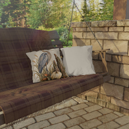 Heron &amp; Pumpkin Outdoor Pillow — Coastal Fall Accent Cushion