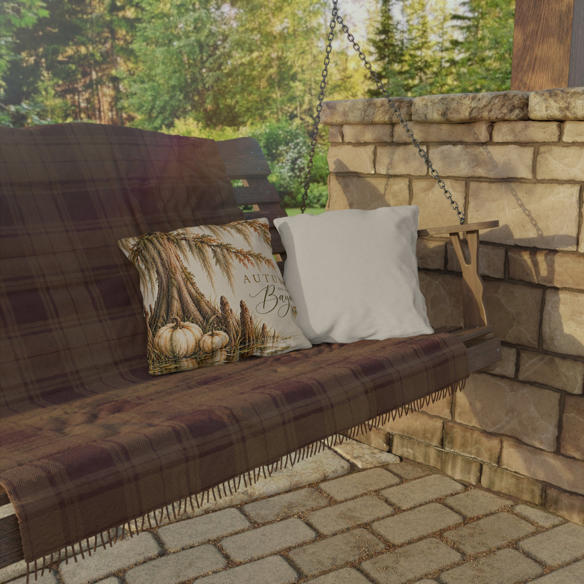 Autumn on the Bayou Outdoor Pillow — Fall Pumpkin &amp; Cypress Coastal Porch Decor