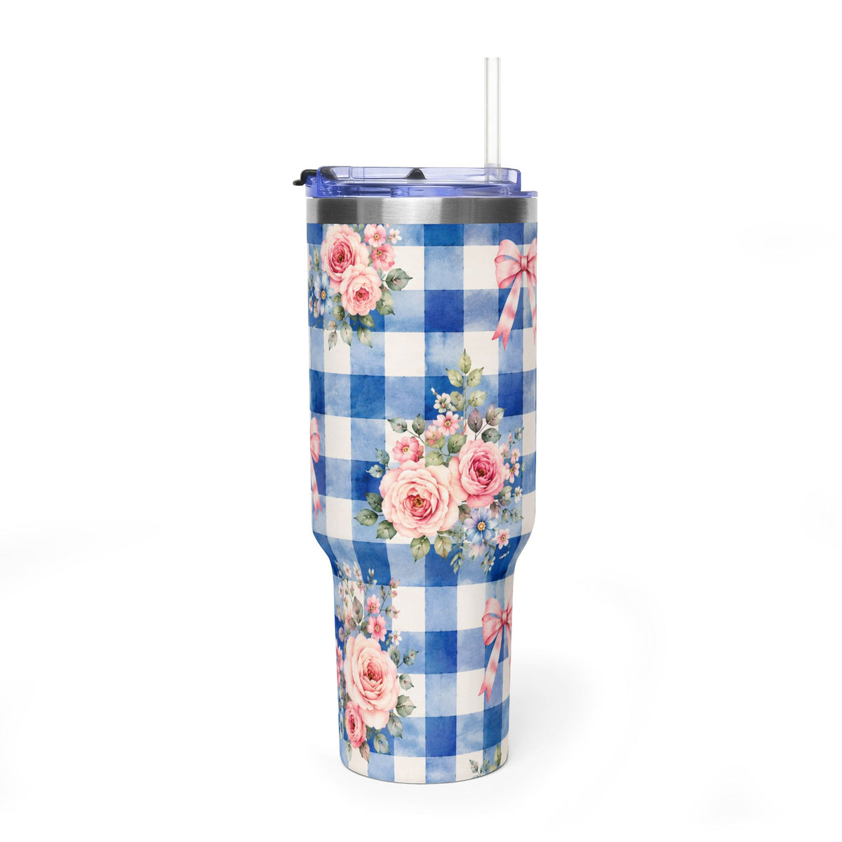 Blue Gingham Rose Tumbler – 40 oz Floral Travel Cup