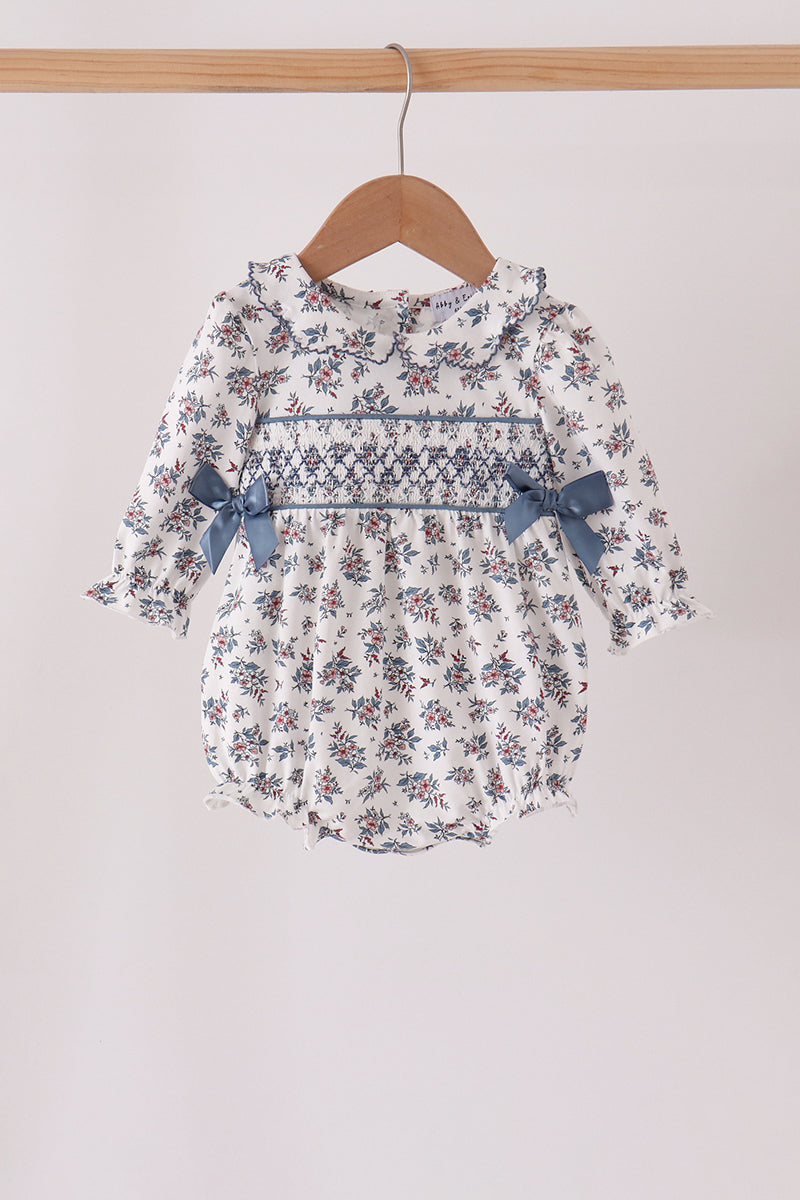 Vintage Floral Smocked Baby Bubble Romper | Blue Bows