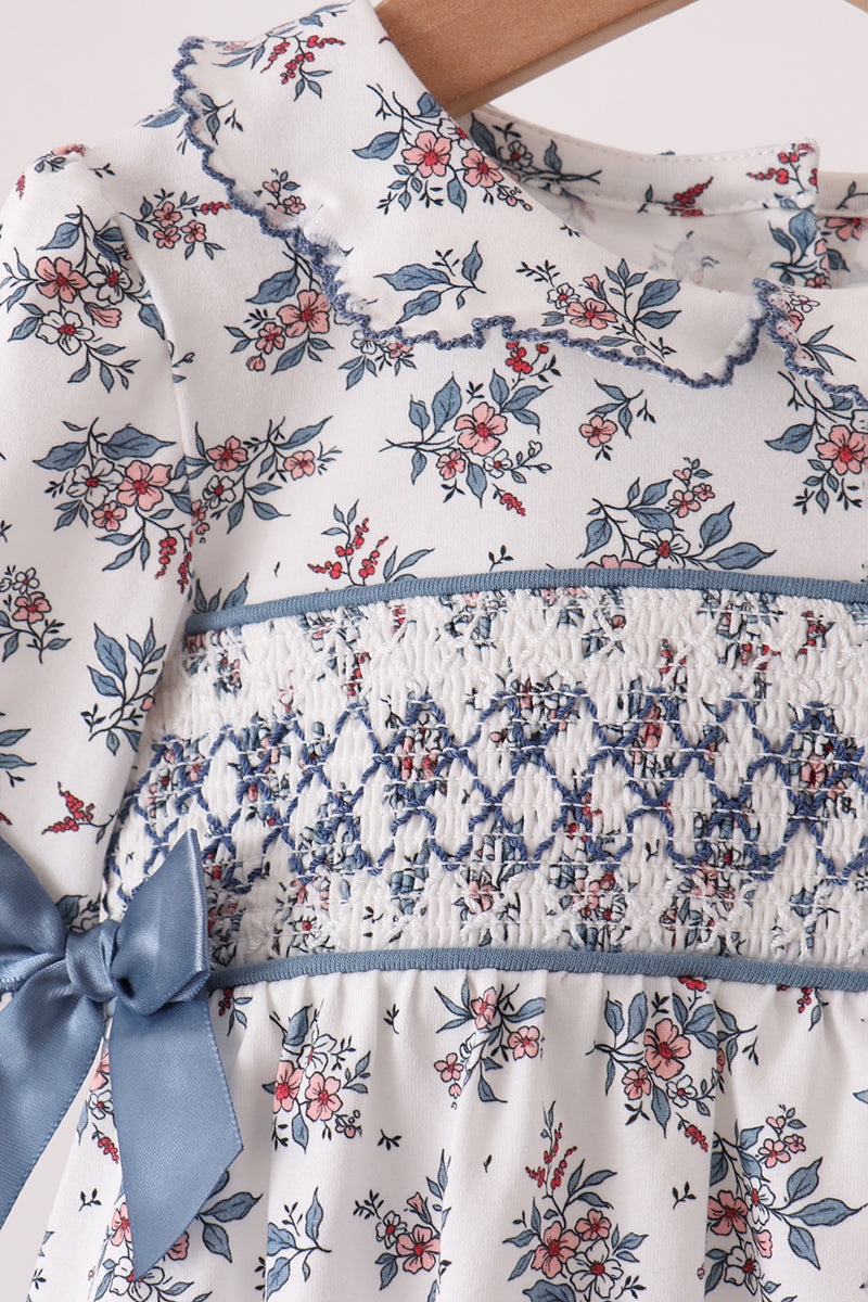 Vintage Floral Smocked Baby Bubble Romper | Blue Bows