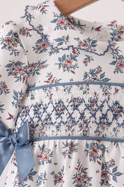 Vintage Floral Smocked Baby Bubble Romper | Blue Bows
