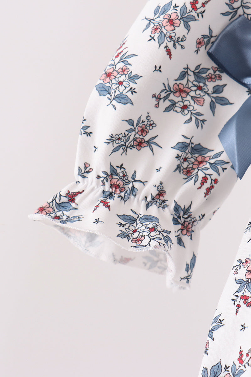 Vintage Floral Smocked Baby Bubble Romper | Blue Bows
