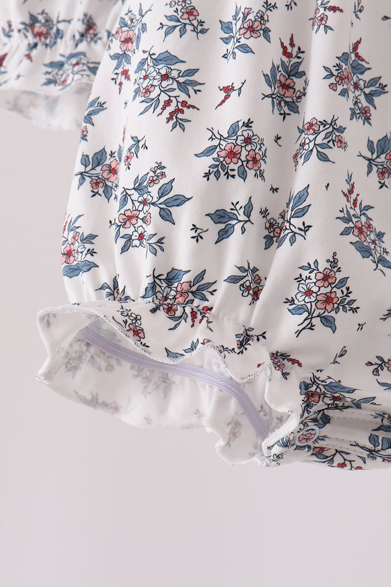 Vintage Floral Smocked Baby Bubble Romper | Blue Bows