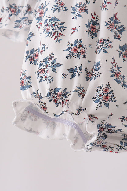 Vintage Floral Smocked Baby Bubble Romper | Blue Bows
