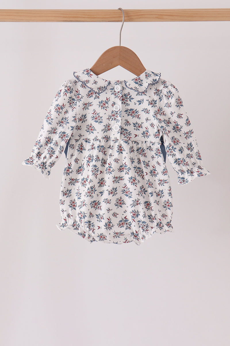 Vintage Floral Smocked Baby Bubble Romper | Blue Bows