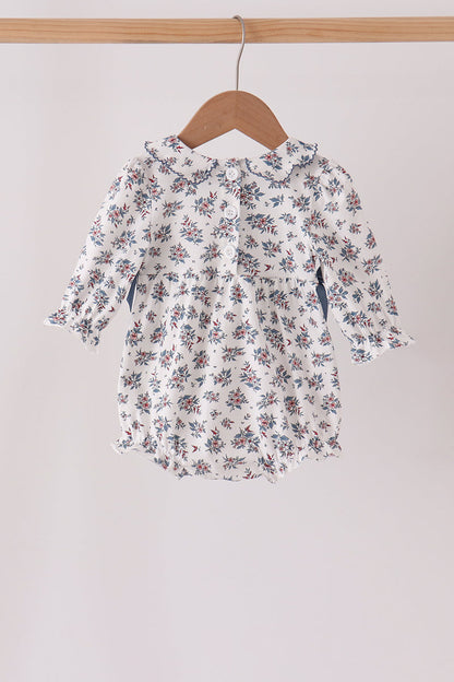 Vintage Floral Smocked Baby Bubble Romper | Blue Bows