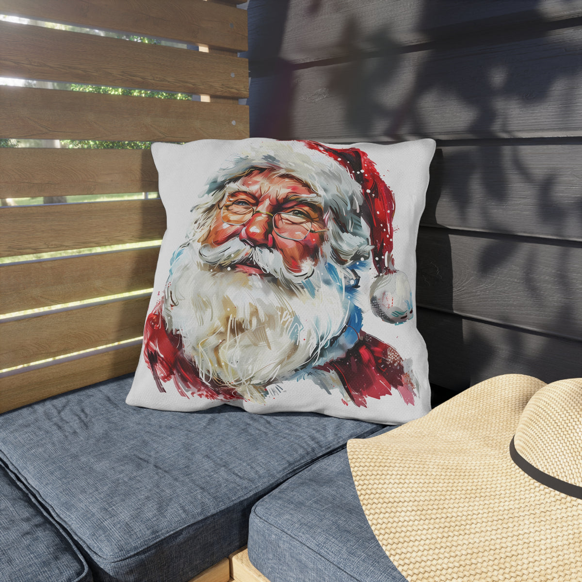 Santa Claus Holiday Outdoor Pillow — Festive Watercolor Santa Throw Cushion
