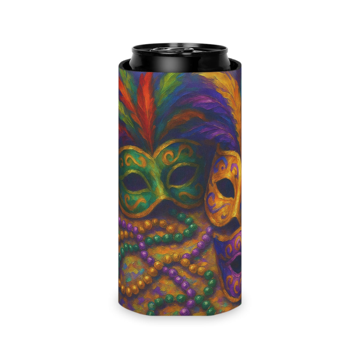 Mardi Gras Can Cooler, Colorful Mask Beverage Holder, Party Accessory, Festival Drink Sleeve, Fun Gift for Celebrations