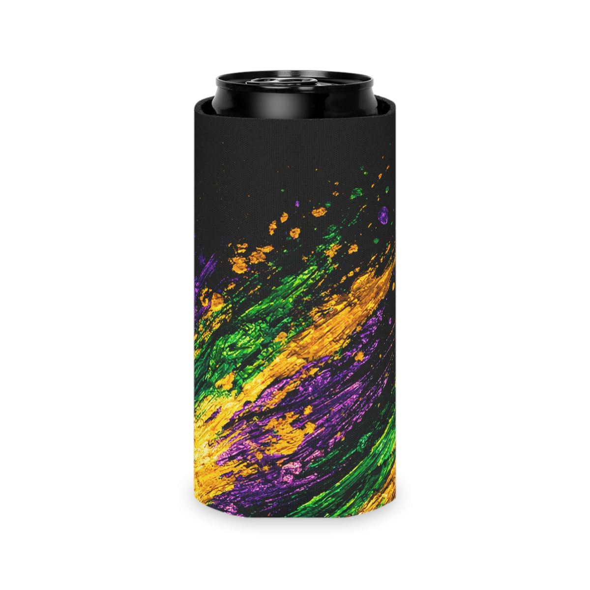 Mardi Gras Paint Splash Can Koozie - Purple Green Gold Koozie