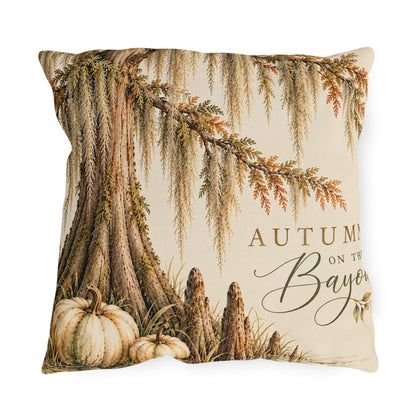 Autumn on the Bayou Outdoor Pillow — Fall Pumpkin &amp; Cypress Coastal Porch Decor