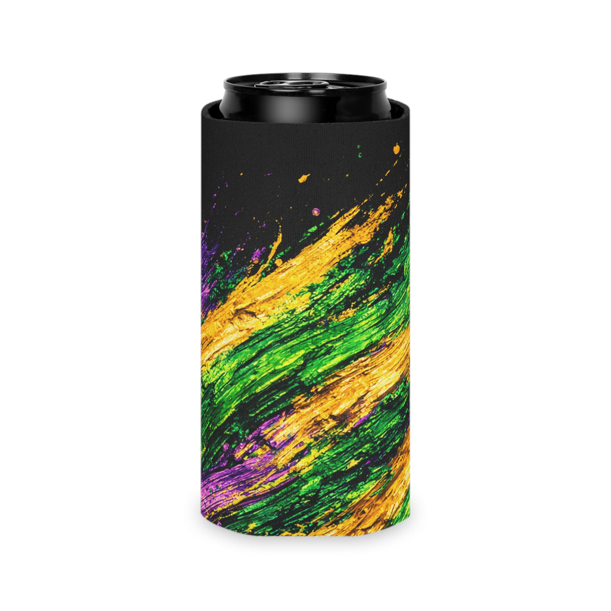 Mardi Gras Paint Splash Can Koozie - Purple Green Gold Koozie