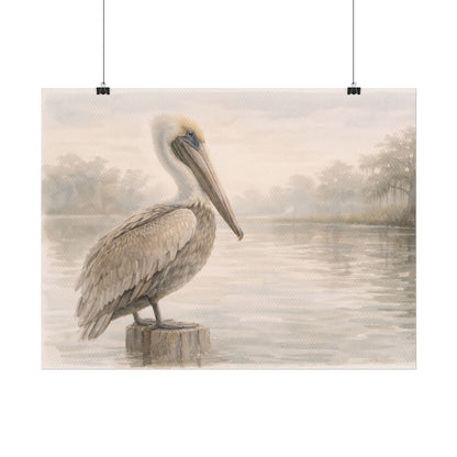 Pelican on Dock Watercolor Art Coastal Watercolor