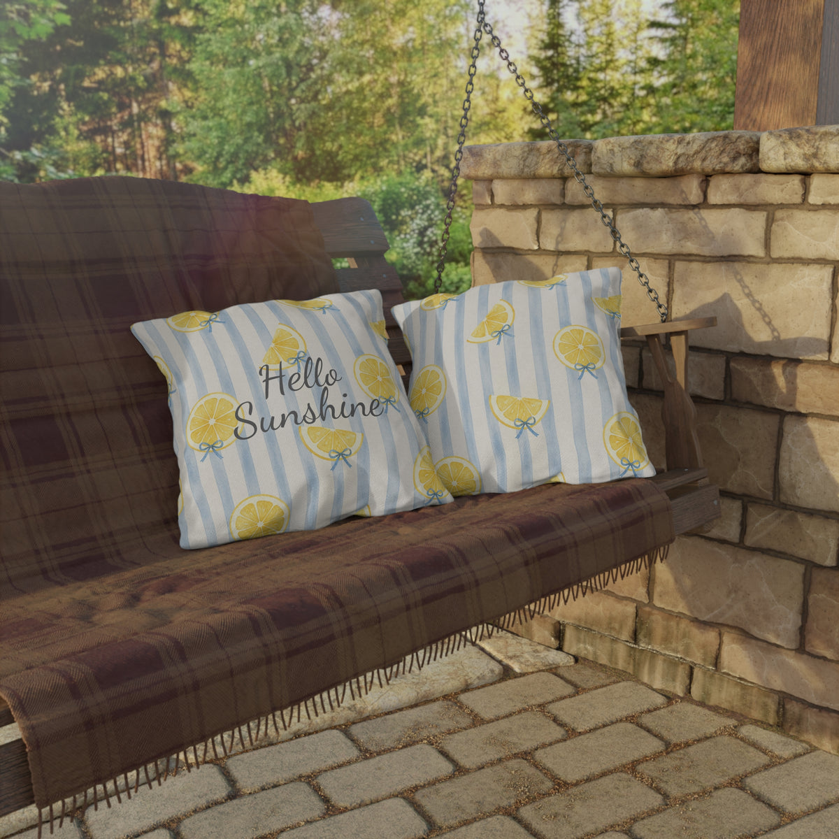 Hello Sunshine lemon pattern Outdoor Pillow | striped citrus throw cushion