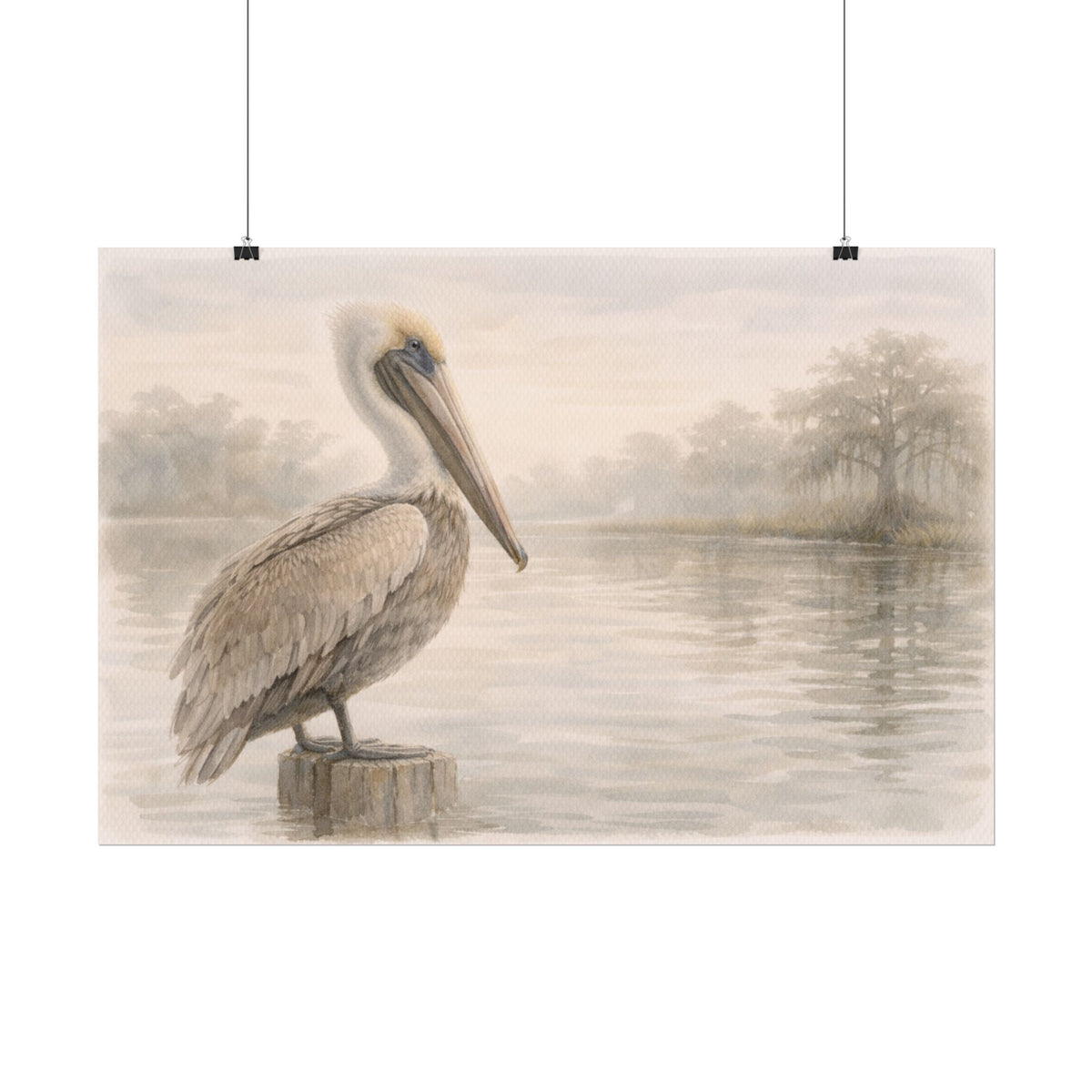 Pelican on Dock Watercolor Art Coastal Watercolor