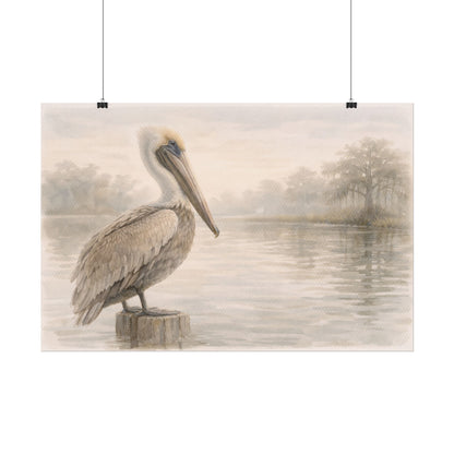 Pelican on Dock Watercolor Art Coastal Watercolor